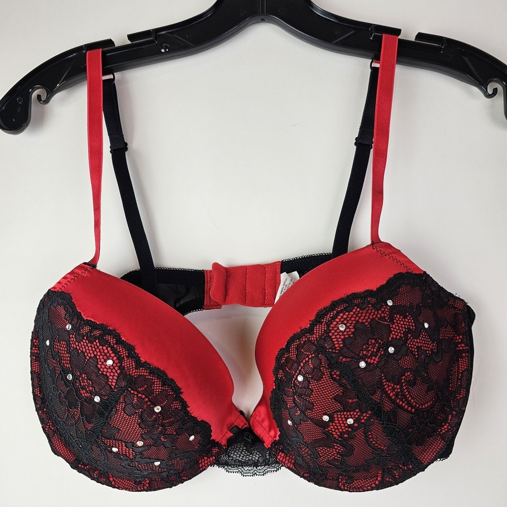 Gilligan O'Malley 36C Black Red Rhinestone Lace‎ Padded Bra Sexy Chic Lingerie